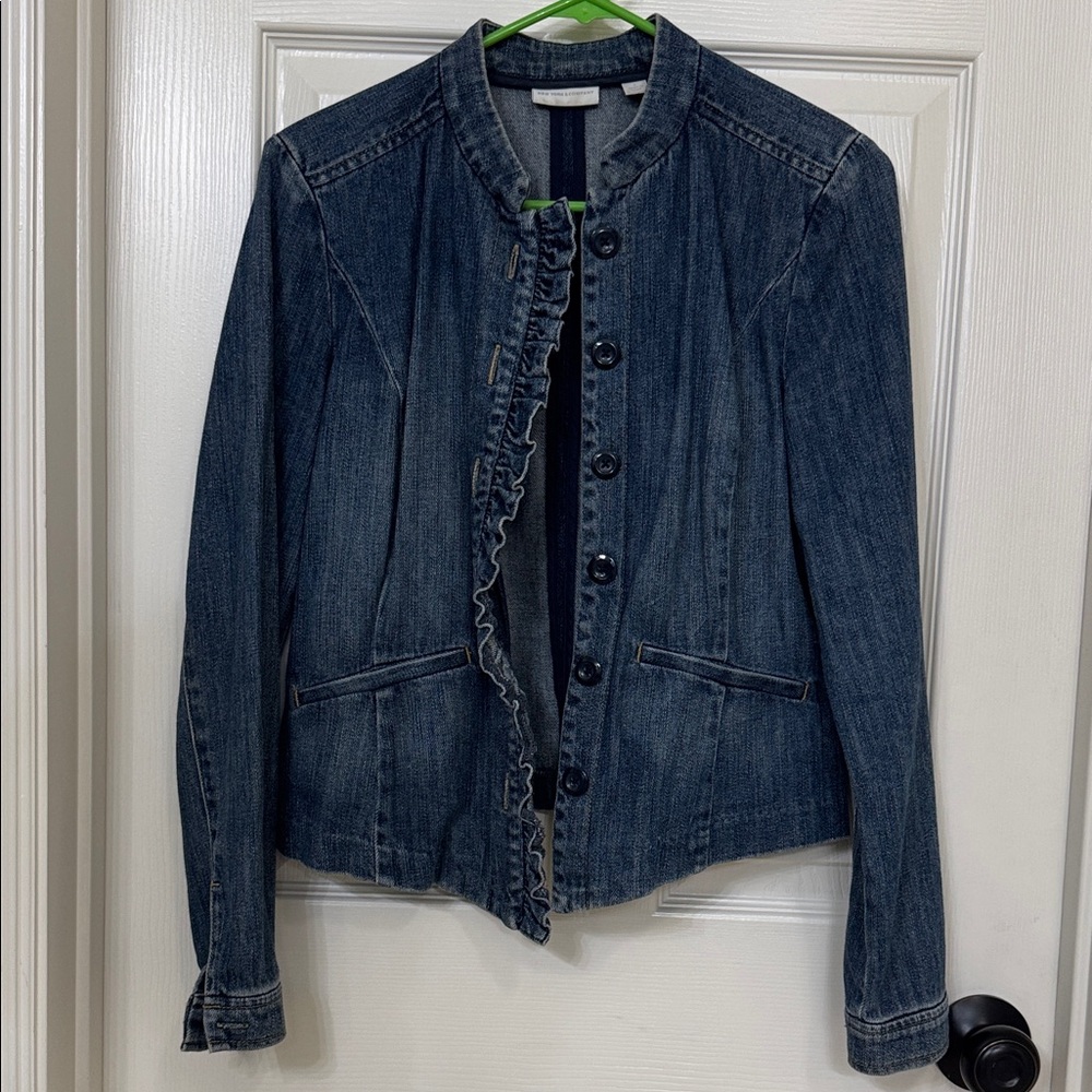 New York & Company Blue Ruffle Jean Jacket